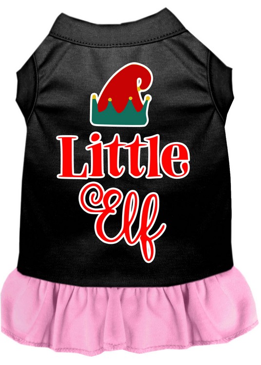 Little Elf Screen Print Dog Dress Black with Light Pink Lg